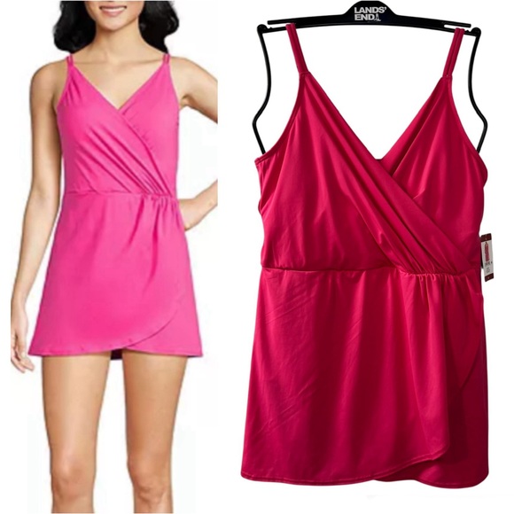 NWT Lands' End Women's Chlorine Resist Tulip Wrap Swim Dress Swimsuit XL 18 Pink - Picture 1 of 11